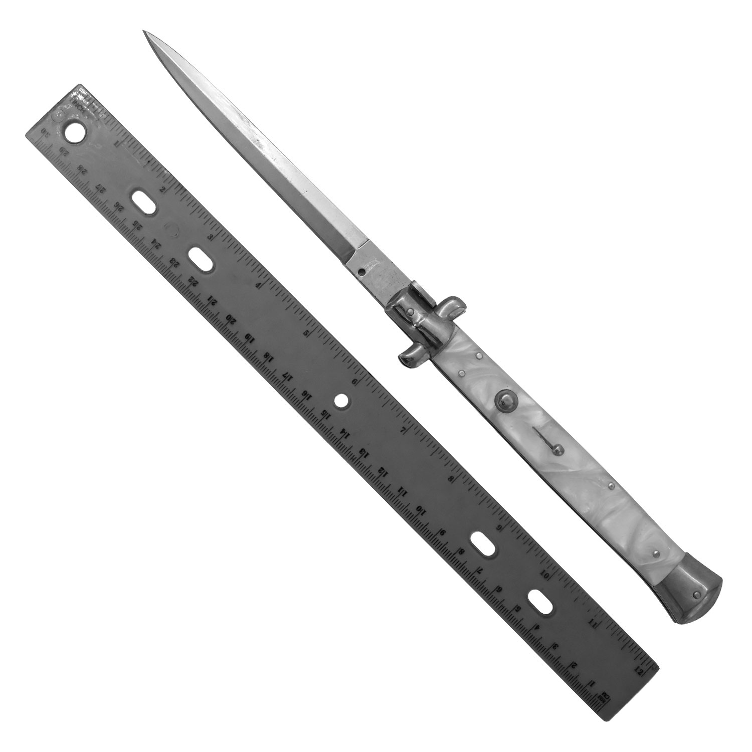 AKC 13 Inch Automatic Stiletto Italiano Button Push Knife (Black and White Pearl)