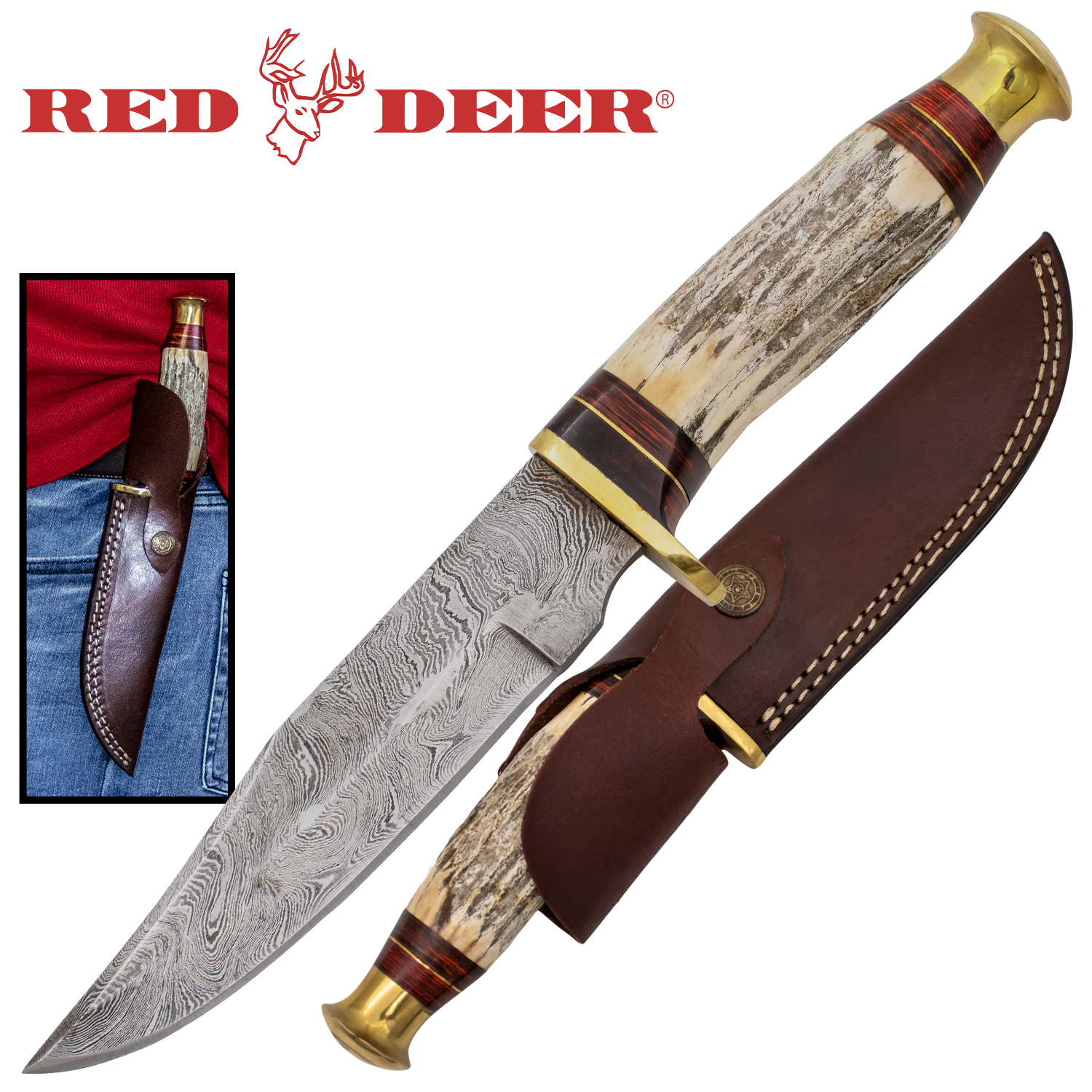 Red Deer Stag Handle Damascus Hunting Knife