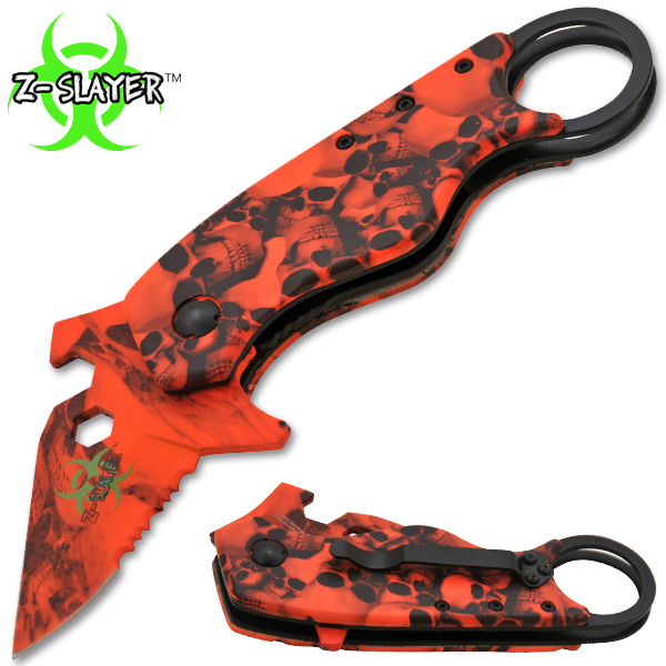 Man Kombat Takedown Spring Assisted Action Knives, Red Skulls