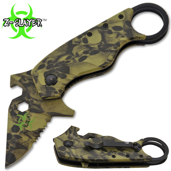 Man Kombat Takedown Tech Spring Assisted Knives, Green Skulls