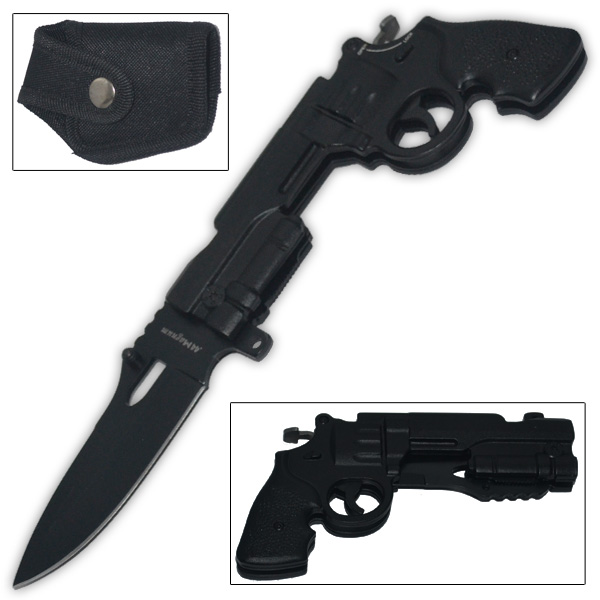 Spring Assisted 0.44 Mag Pistol Knife, Black