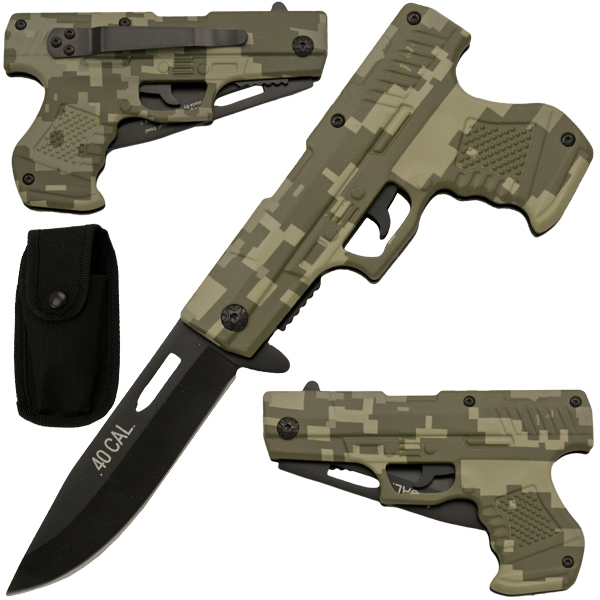 Spring Assisted Gun Pistol Knife - Camo 1